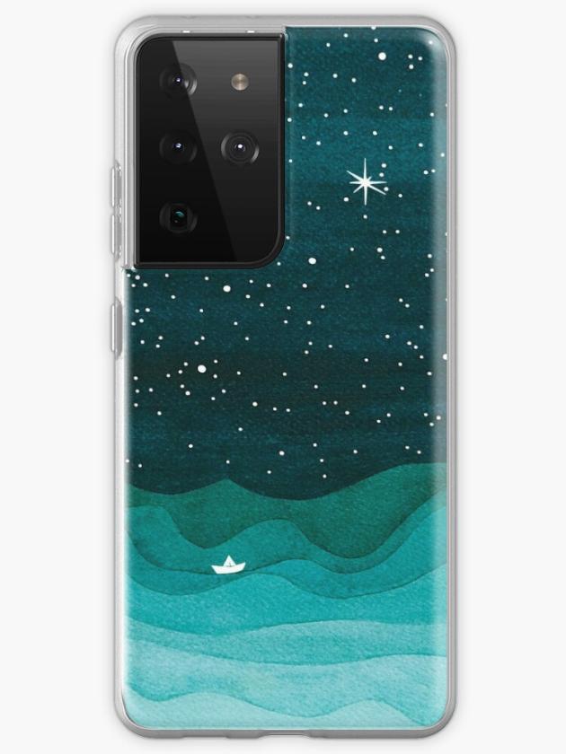 Galaxy S21 Ultra | Starry Ocean, Teal Sailboat Watercolor Sea Waves Night Samsung Galaxy Phone Case Galaxy S21 Ultra Galaxy S21 Ultra