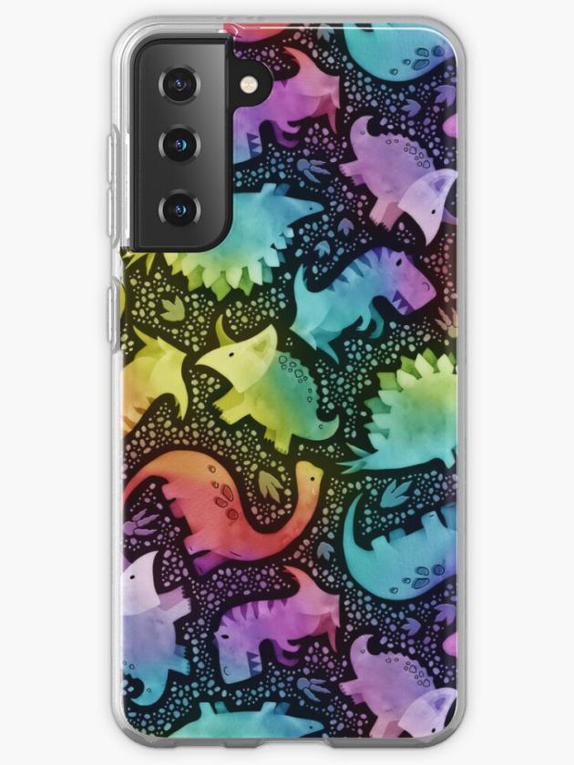 Galaxy S21 | Watercolor Dinosaur Rainbow On Black Samsung Galaxy Phone Case Galaxy S21 Galaxy S21