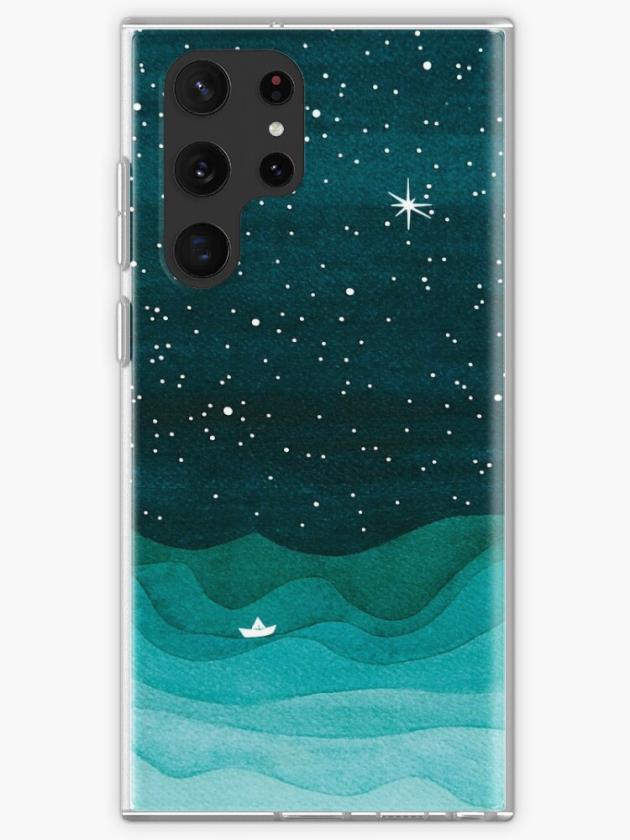 Galaxy S22 Ultra | Starry Ocean, Teal Sailboat Watercolor Sea Waves Night Samsung Galaxy Phone Case Galaxy S22 Ultra Galaxy S22 Ultra