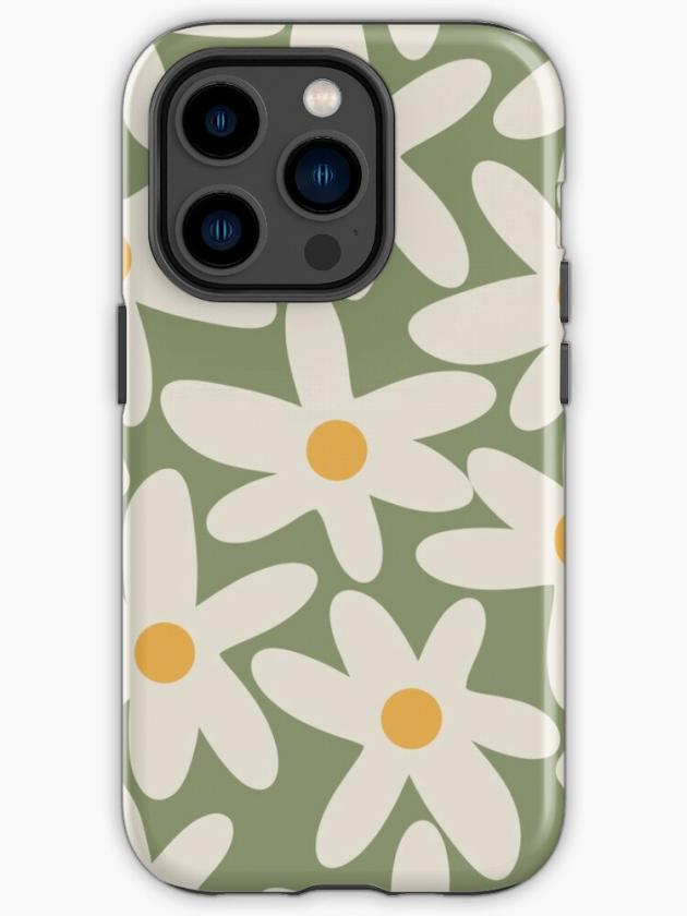 Iphone 14 Pro | Daisy Time Retro Flower Pattern Sage Green Beige Mustard Iphone Case Iphone 14 Pro Iphone 14 Pro