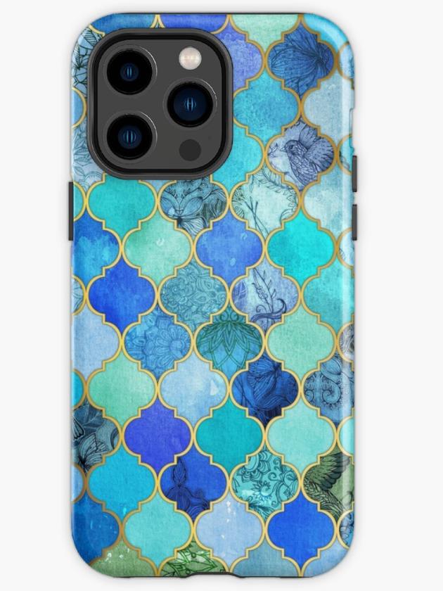 Iphone 14 Pro Max | Cobalt Blue, Aqua & Gold Decorative Moroccan Tile Pattern Iphone Case Iphone 14 Pro Max Iphone 14 Pro Max