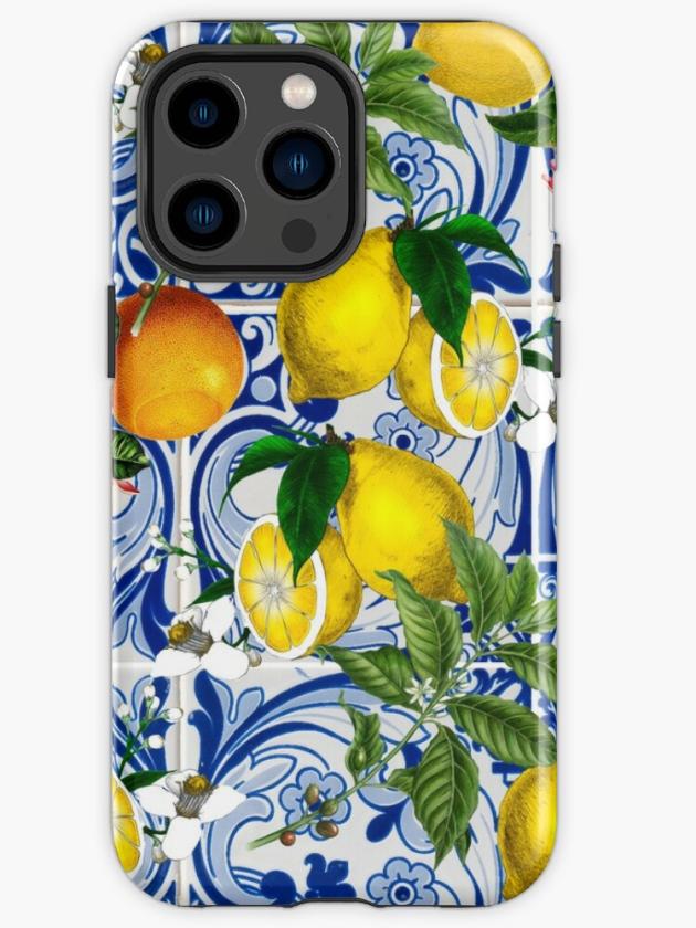 Iphone 14 Pro Max | Mediterranean Lemon On Blue Ceramic Tiles Iphone Case Iphone 14 Pro Max Iphone 14 Pro Max