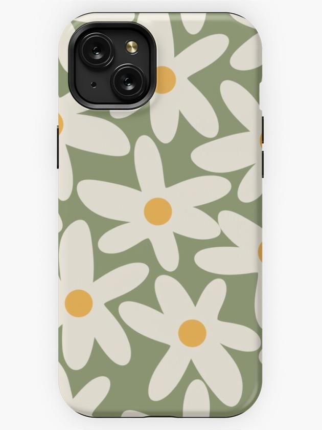 Iphone 15 Plus | Daisy Time Retro Flower Pattern Sage Green Beige Mustard Iphone Case Iphone 15 Plus Iphone 15 Plus