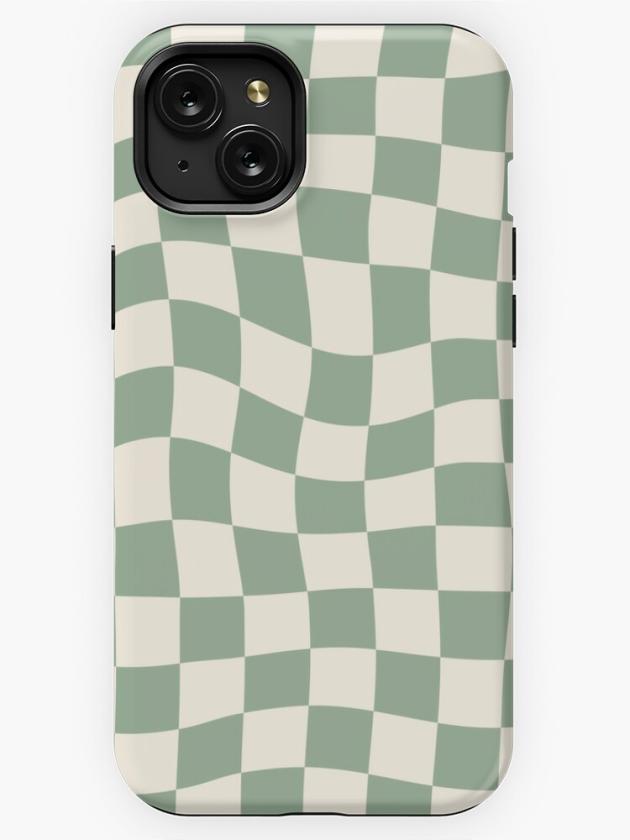 Iphone 15 Plus | Sage Green Warped Checkered Pattern Checkerboard Iphone Case Iphone 15 Plus Iphone 15 Plus