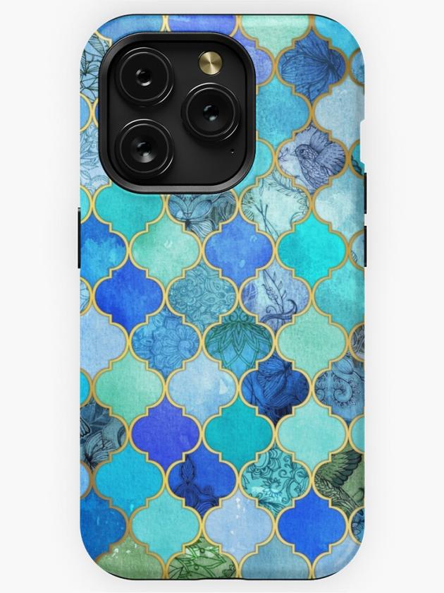 Iphone 15 Pro | Cobalt Blue, Aqua & Gold Decorative Moroccan Tile Pattern Iphone Case Iphone 15 Pro Iphone 15 Pro