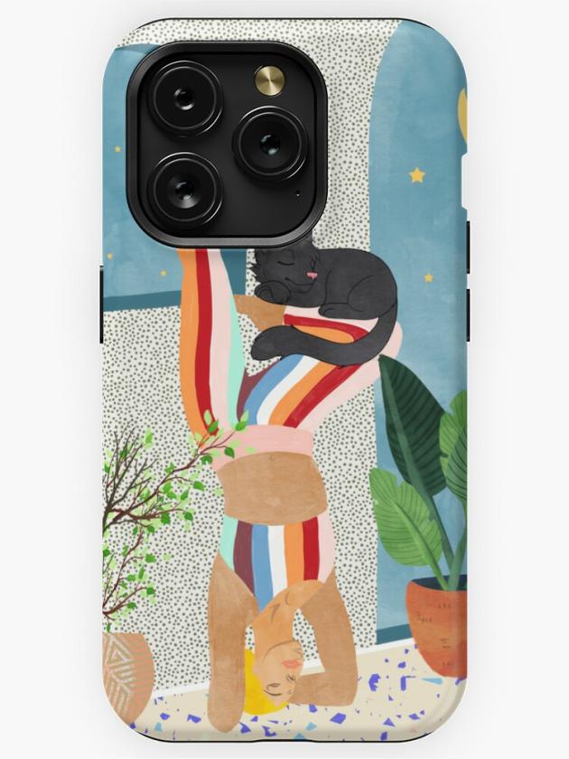 Iphone 15 Pro | Headstand, Cat Yoga, Active Woman Workout, Eclectic Colorful Pets Terrazzo Iphone Case Iphone 15 Pro Iphone 15 Pro