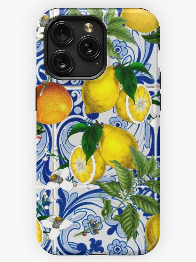 Iphone 15 Pro Max | Mediterranean Lemon On Blue Ceramic Tiles Iphone Case Iphone 15 Pro Max Iphone 15 Pro Max