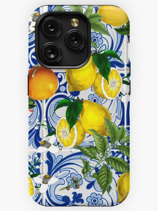 Iphone 15 Pro | Mediterranean Lemon On Blue Ceramic Tiles Iphone Case Iphone 15 Pro Iphone 15 Pro