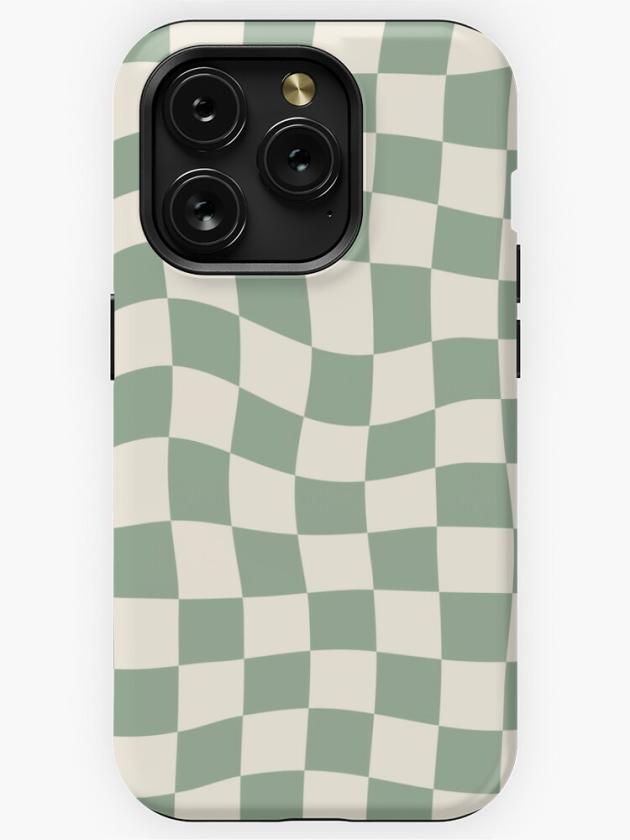 Iphone 15 Pro | Sage Green Warped Checkered Pattern Checkerboard Iphone Case Iphone 15 Pro Iphone 15 Pro