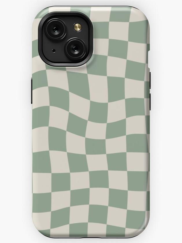 Iphone 15 | Sage Green Warped Checkered Pattern Checkerboard Iphone Case Iphone 15 Iphone 15