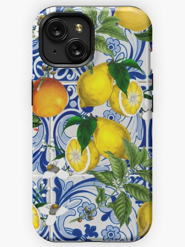 Iphone 15 | Mediterranean Lemon On Blue Ceramic Tiles Iphone Case Iphone 15 Iphone 15