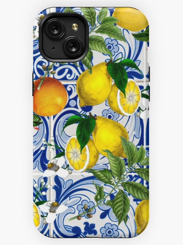 Iphone 15 Plus | Mediterranean Lemon On Blue Ceramic Tiles Iphone Case Iphone 15 Plus Iphone 15 Plus